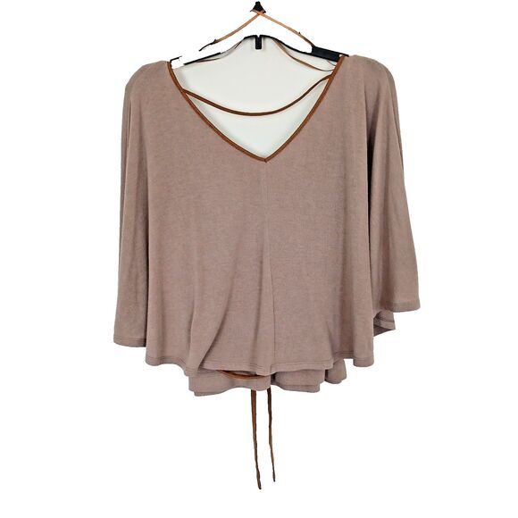 Loose Fit Knit Poncho Style Tunic V-Neck Faux Suede Accents and Tie Lagan Look - Picture 3 of 10